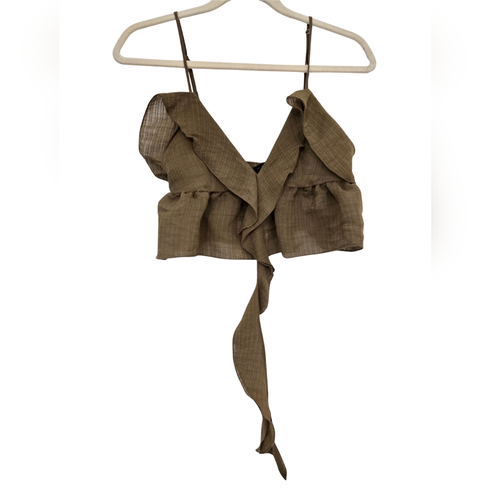 Zara Ruffle Spaghetti Strap Top Olive Green Sz XS NWT